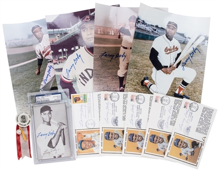 Larry Doby Collection of (11) Including Autographed 8x10 Photos, 1st Day Catchets, Exhibit Card and Cleveland Indian Congratulation Pin (Beckett PreCert)